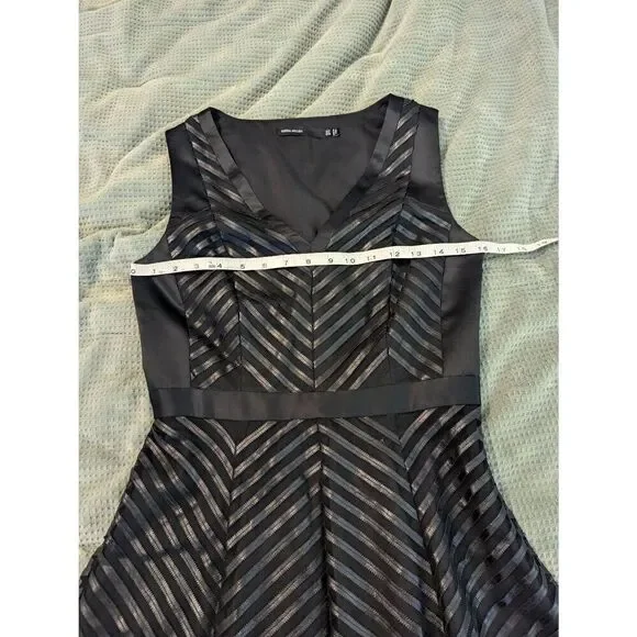 Karen Millen Black Mesh Faux Leather Chevron Stripe Fit Flare Dress Women’s 6 - Picture 6 of 7